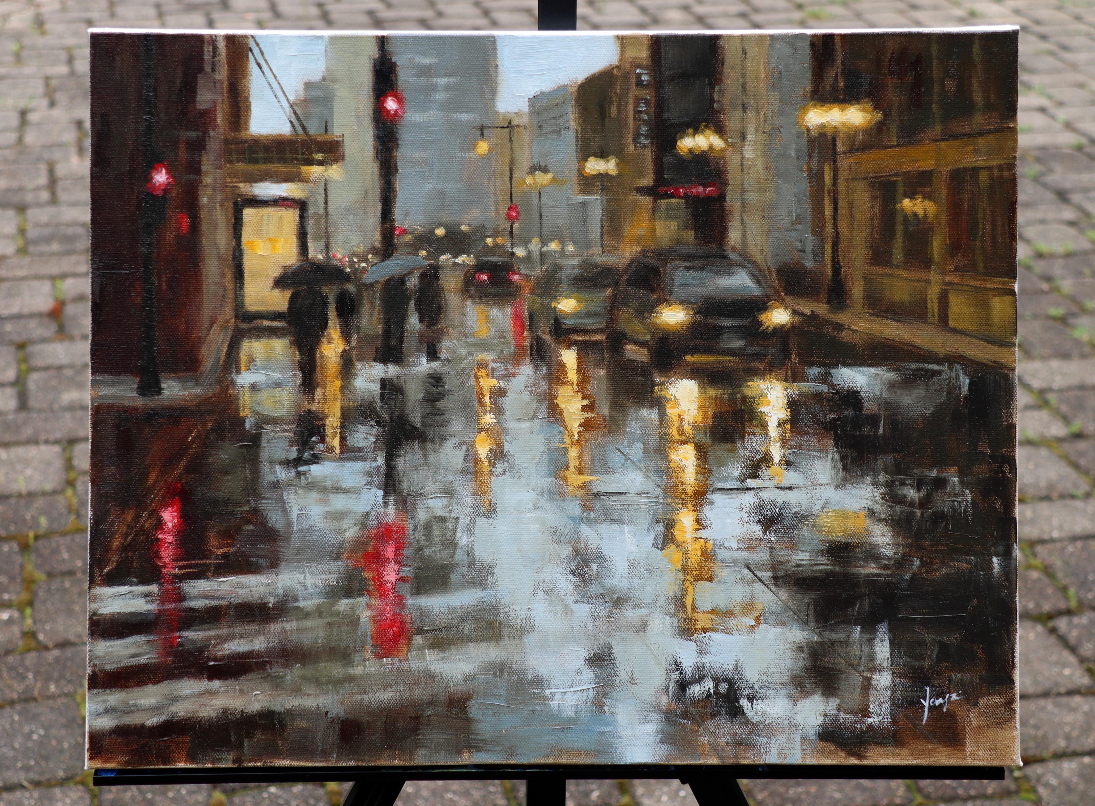 Wacker Drive in the Rain, Ölgemälde (Impressionismus), Painting, von Yangzi Xu