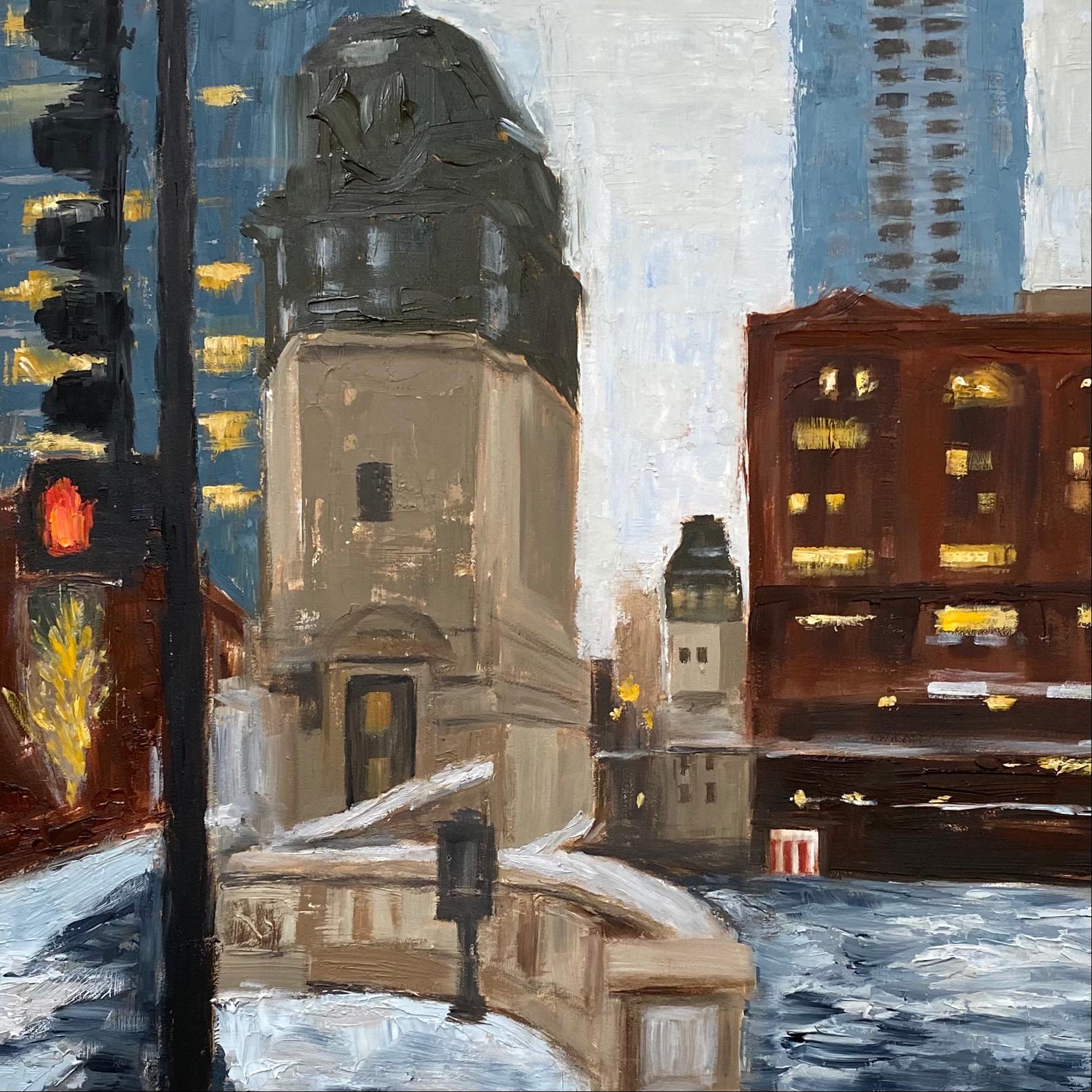 Winter, LaSalle St, #2, Oil Painting - Abstract Impressionist Art by Yangzi Xu