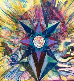 "Estrella" peinture contemporaine de géométrie étoilée au crayon à l'huile. 