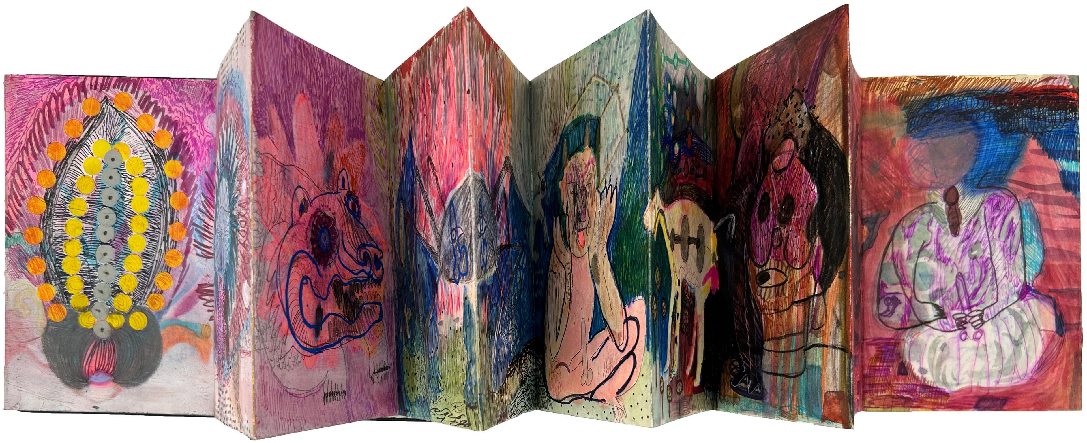 "La vidente" contemporary, MOLESKIN, double sided artist book, collage drawings 