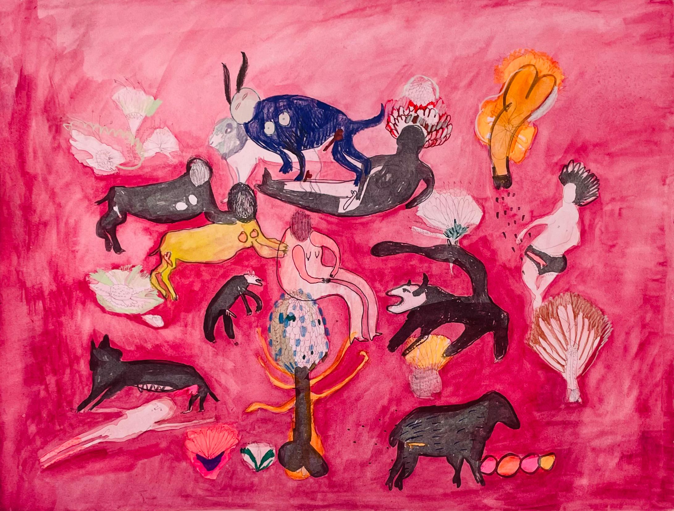 Yanieb Fabre Animal Print - "Yo animal" contemporary lithograph pink interviened fertility animals 