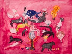 "Yo animal" contemporary lithograph pink interviened fertility animals 