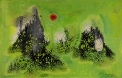 Yanjun Hu Olio su tela originale contemporaneo "Sunrise On Mountain" (Alba sulla montagna)