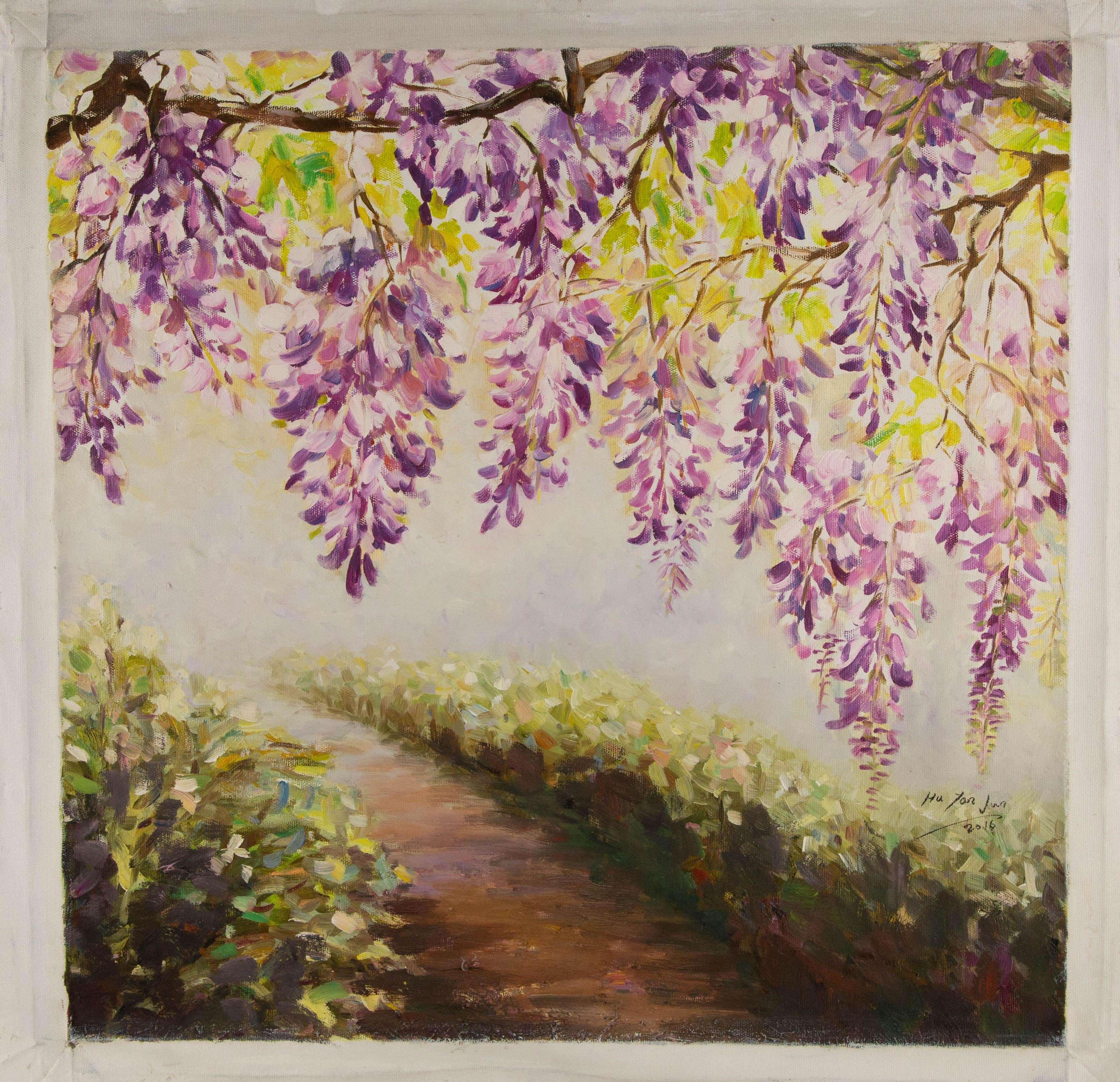 Paysage original de Yanjun Hu à l'huile « Wisteria Path » en vente 6