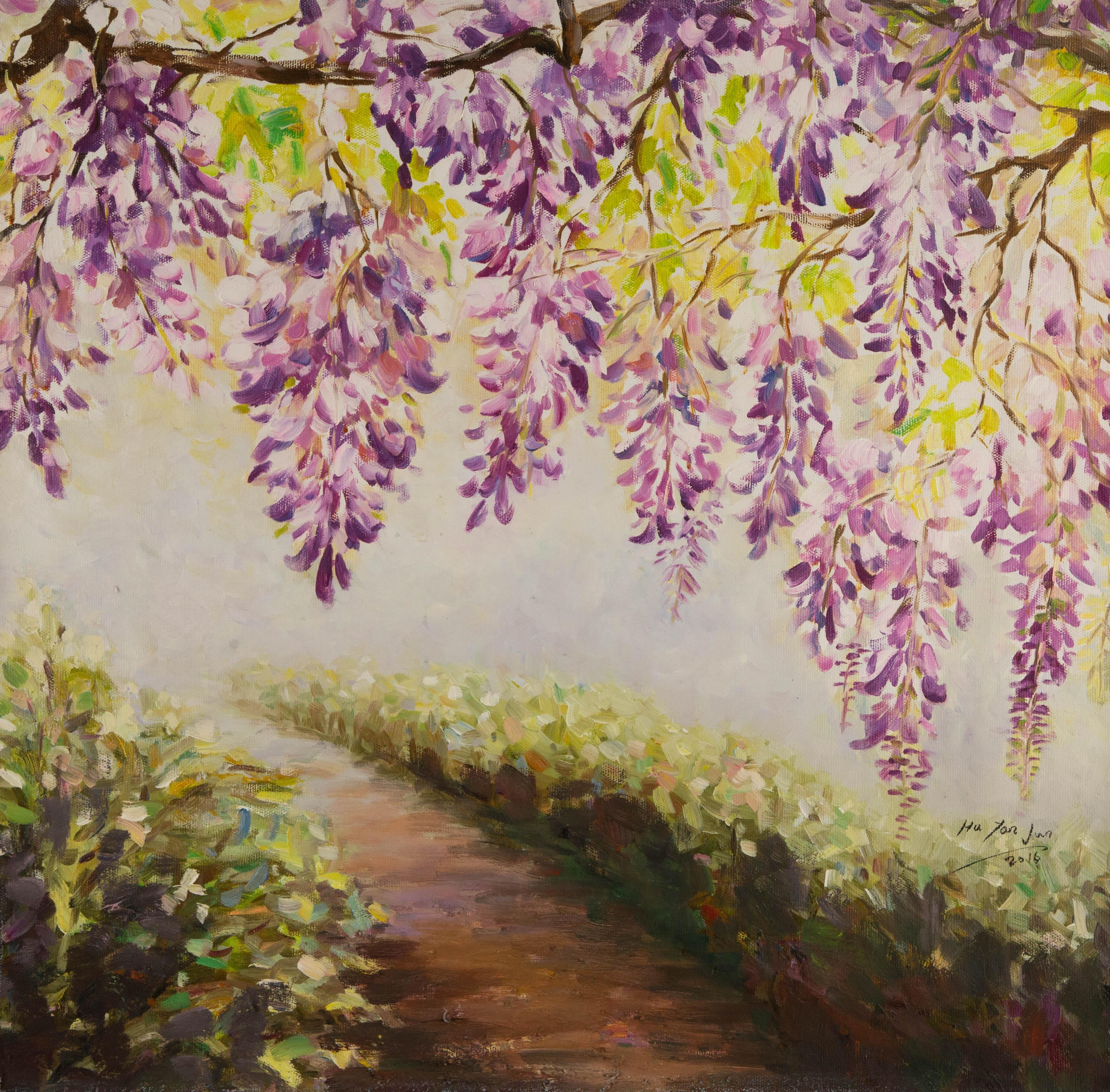 Yanjun Hu Landschaft, Original-Ölgemälde „Wisteria Path“, Yanjun Hu