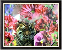 Yankel Ginzburg Mixed Media on Canvas Original Signed Art Flower Tiger Painting