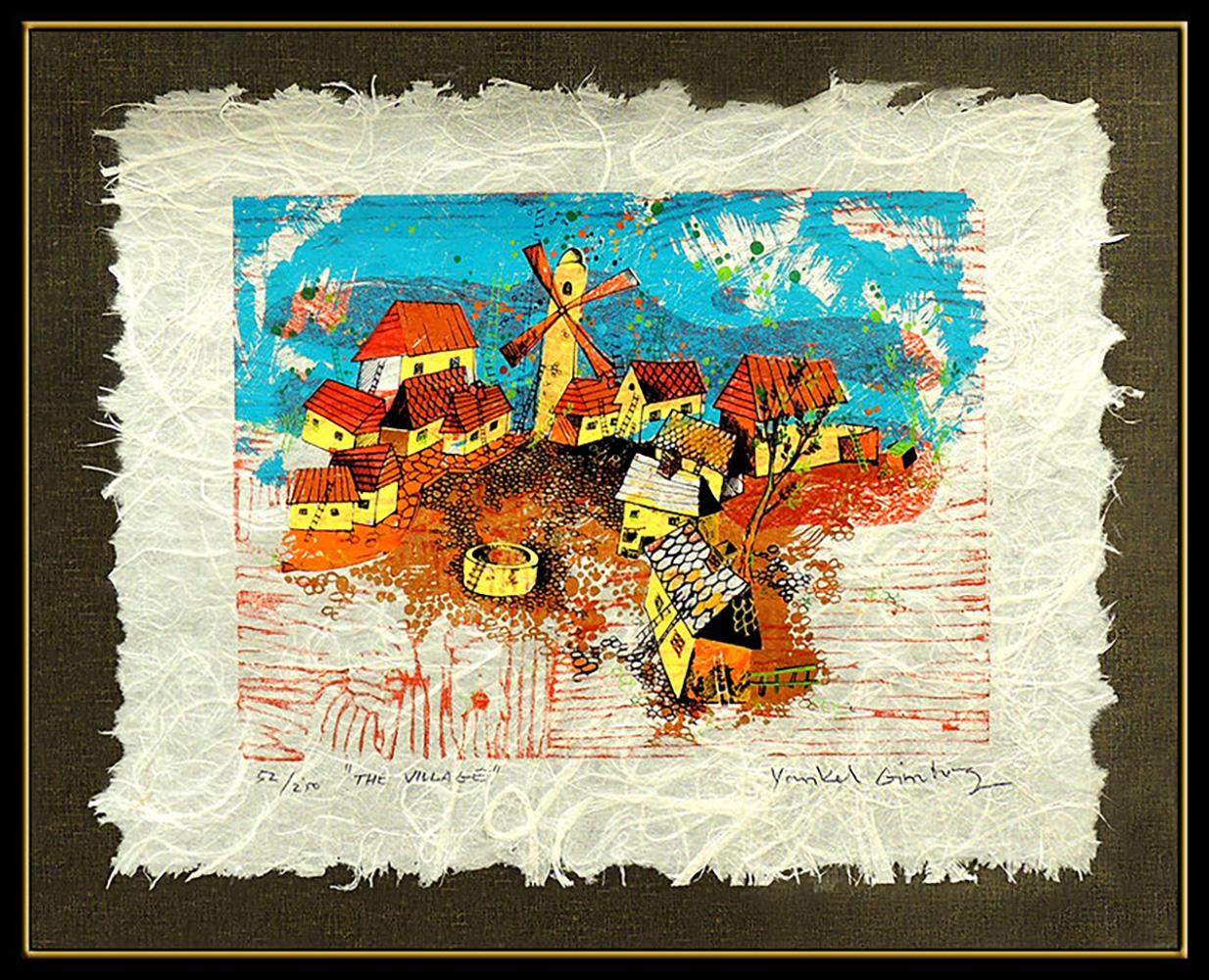 Artist: Yankel Ginzburg 
Title: The Village
Medium: Serigraph and Silkscreen
Edition Number: Edition of 250 (52 of 250)
Artwork Size: 12 x 16 Unframed
Frame Size: 24 x 28 Framed