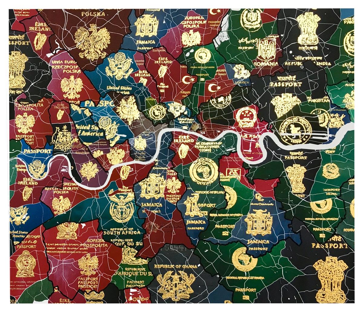 London Passport Map - Limited Edition Silkscreen Print - Mixed Media Art by Yanko Tihov