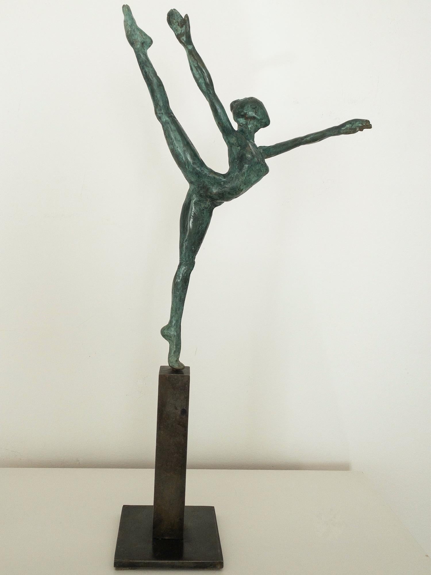 Danseuse "Elancée" II is a bronze sculpture by contemporary artist Yann Guillon, dimensions are 28 cm × 21 cm × 4 cm (11 × 8.3 × 1.6 in). Dimensions of the metal base: 13 cm x 8 cm x 8 cm (5.1 x 3.1 x 3.1 in). Height of the sculpture with the metal