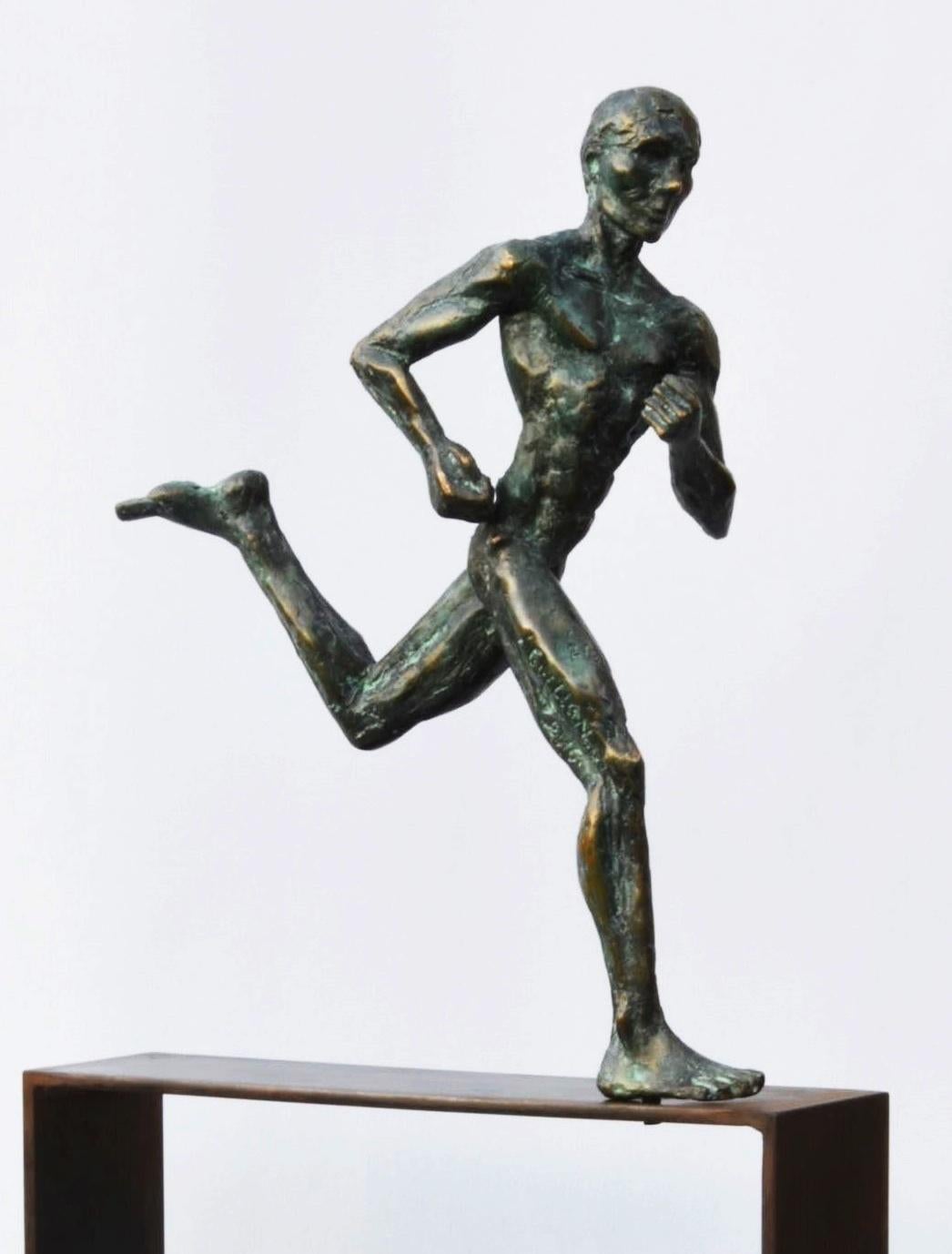 Marathon Runner is a bronze sculpture by contemporary artist Yann Guillon, dimensions are 34 × 23 × 10 cm (13.4 × 9.1 × 3.9 in). Dimensions of the base are 30 x 30 cm (11.8 x 11.8 in), height of the sculpture with the metal base: 64 cm (25.1 in).
