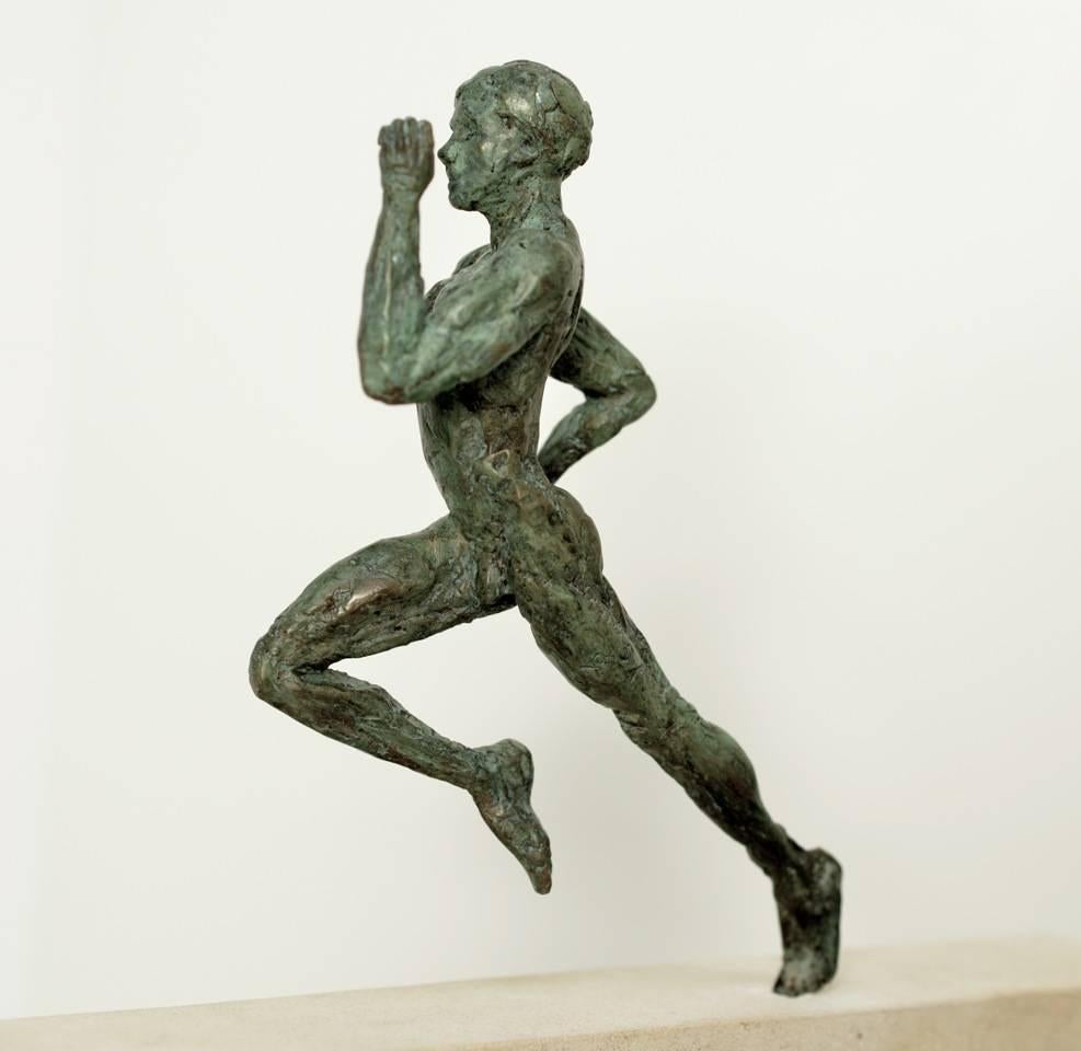 Sprinter is a small-scale bronze sculpture of a nude running athlete by Yann Guillon. This French contemporary artist focuses his work on the human body, using an expressionist approach to convey alternately strength or sensuality.  Available in