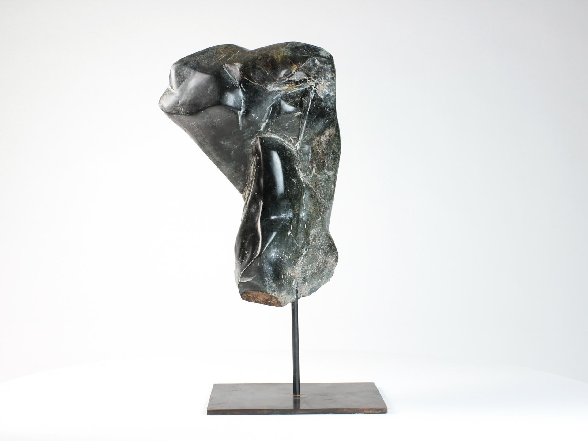 The Energy is a unique stone sculpture (steatite) by contemporary artist Yann Guillon, dimensions are 38 × 26 × 14 cm (15 × 10.2 × 5.5 in). Dimensions of the metal base: 1 x 26 x 19 cm (0.3 x 10.2 x 7.4 in). Height of the sculpture with the metal