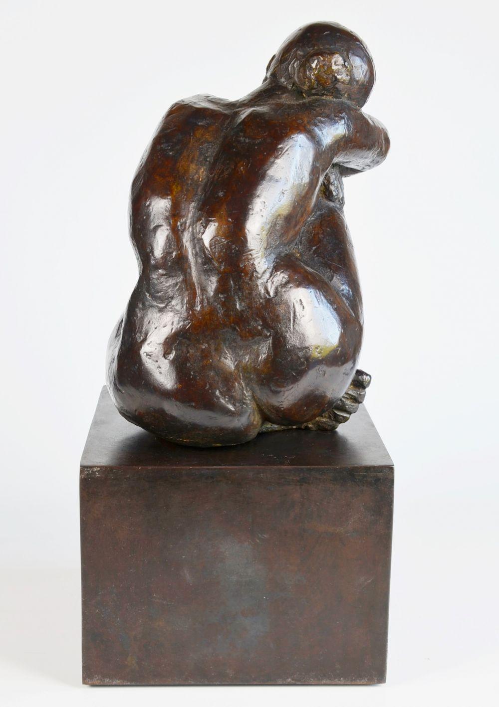 Thought is a bronze sculpture by Yann Guillon of a reflexive woman sitting head on shoulder. This French contemporary artist focuses his work on the human body, using an expressionist approach to convey alternately strength or sensuality. 