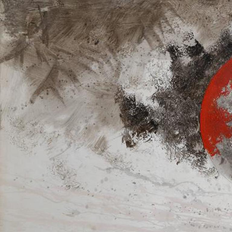 Artist: Yannick Ballif, French (b. 1927)
Title: Red Planet
Year: circa 1975
Medium: Acrylic Monoprint with India Ink on Rag Paper
Size: 30 x 44 inches