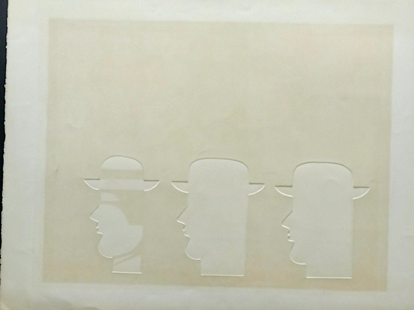 SIX MEN Signed Embossed Lithograph, Men In Hats, Greek Modernist Portrait - Contemporary Print by Yannis Gaïtis