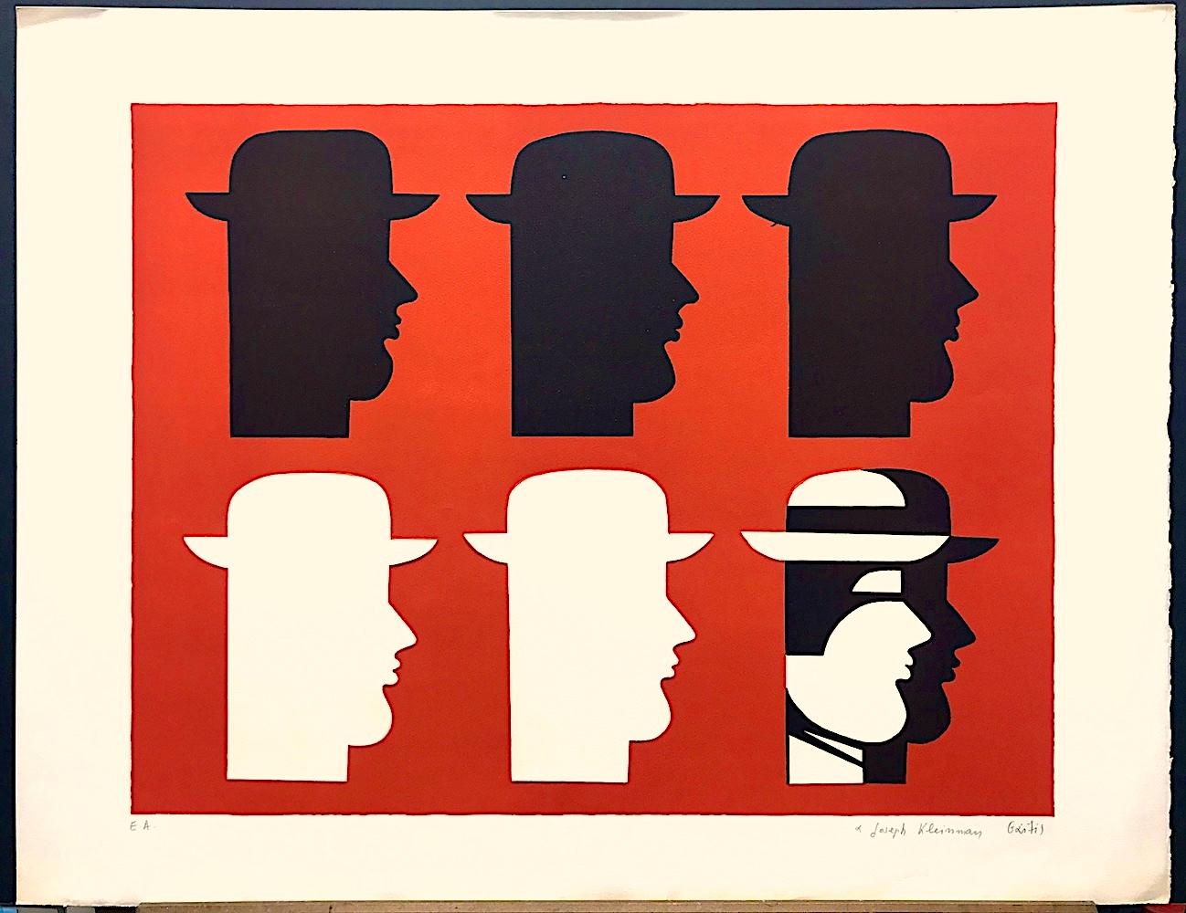 SIX MEN Signed Embossed Lithograph, Men In Hats, Greek Modernist Portrait - Red Portrait Print by Yannis Gaïtis