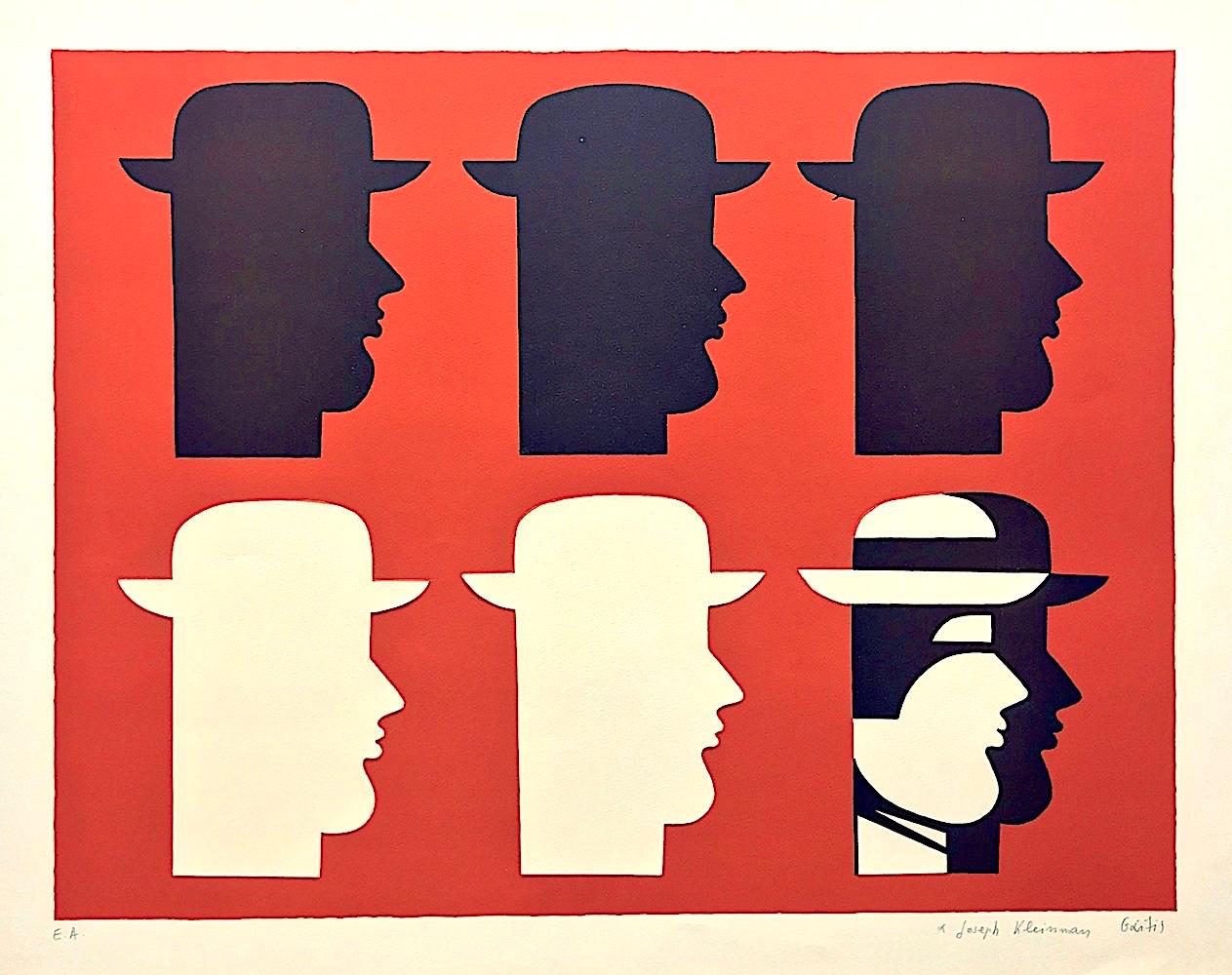 Yannis Gaïtis Portrait Print - SIX MEN Signed Embossed Lithograph, Men In Hats, Greek Modernist Portrait