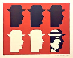 SIX MEN Signed Embossed Lithograph, Men In Hats, Greek Modernist Portrait