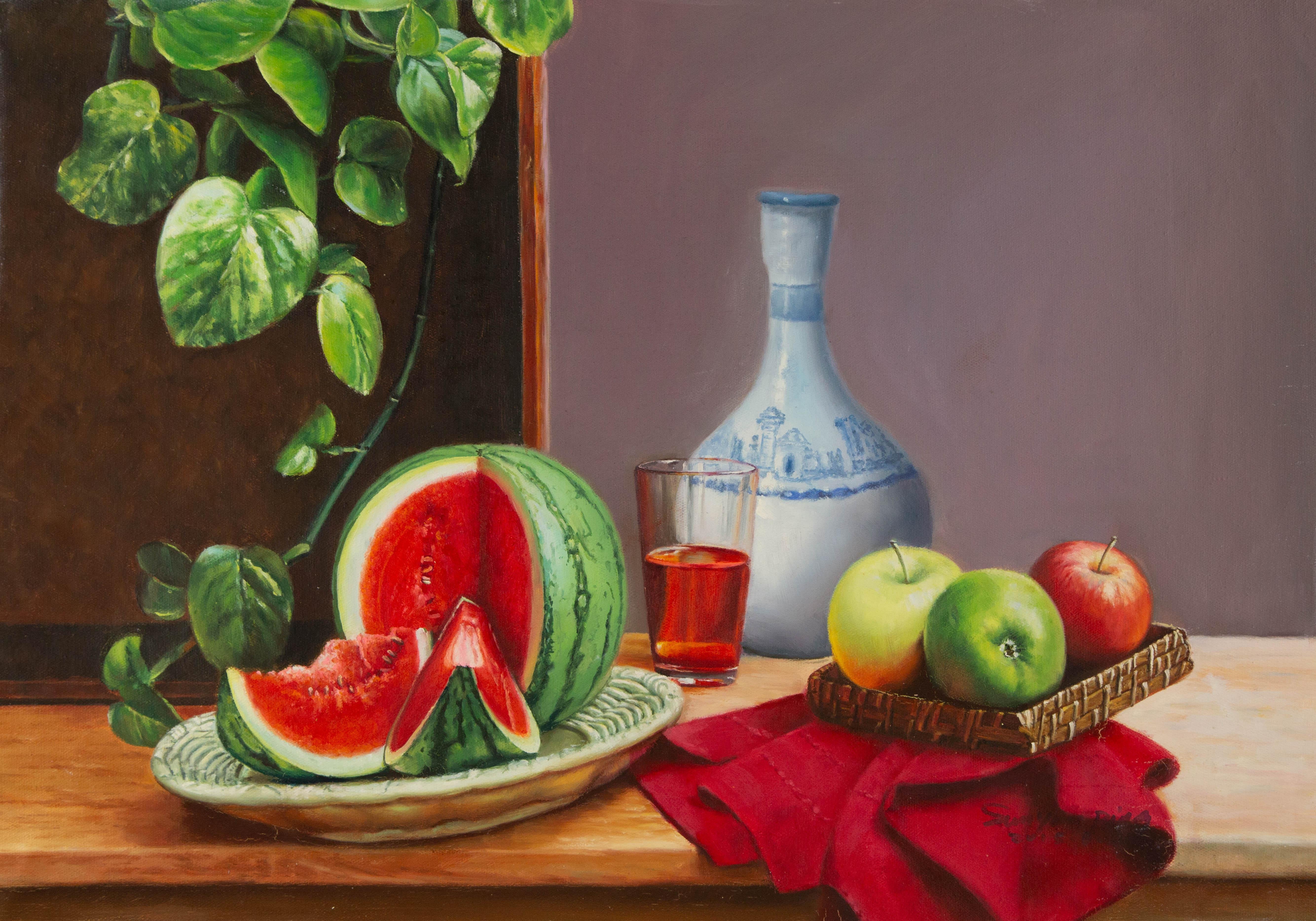 Nature morte originale à l'huile sur toile de Yanping Sun "Fruit et vase de Chine".