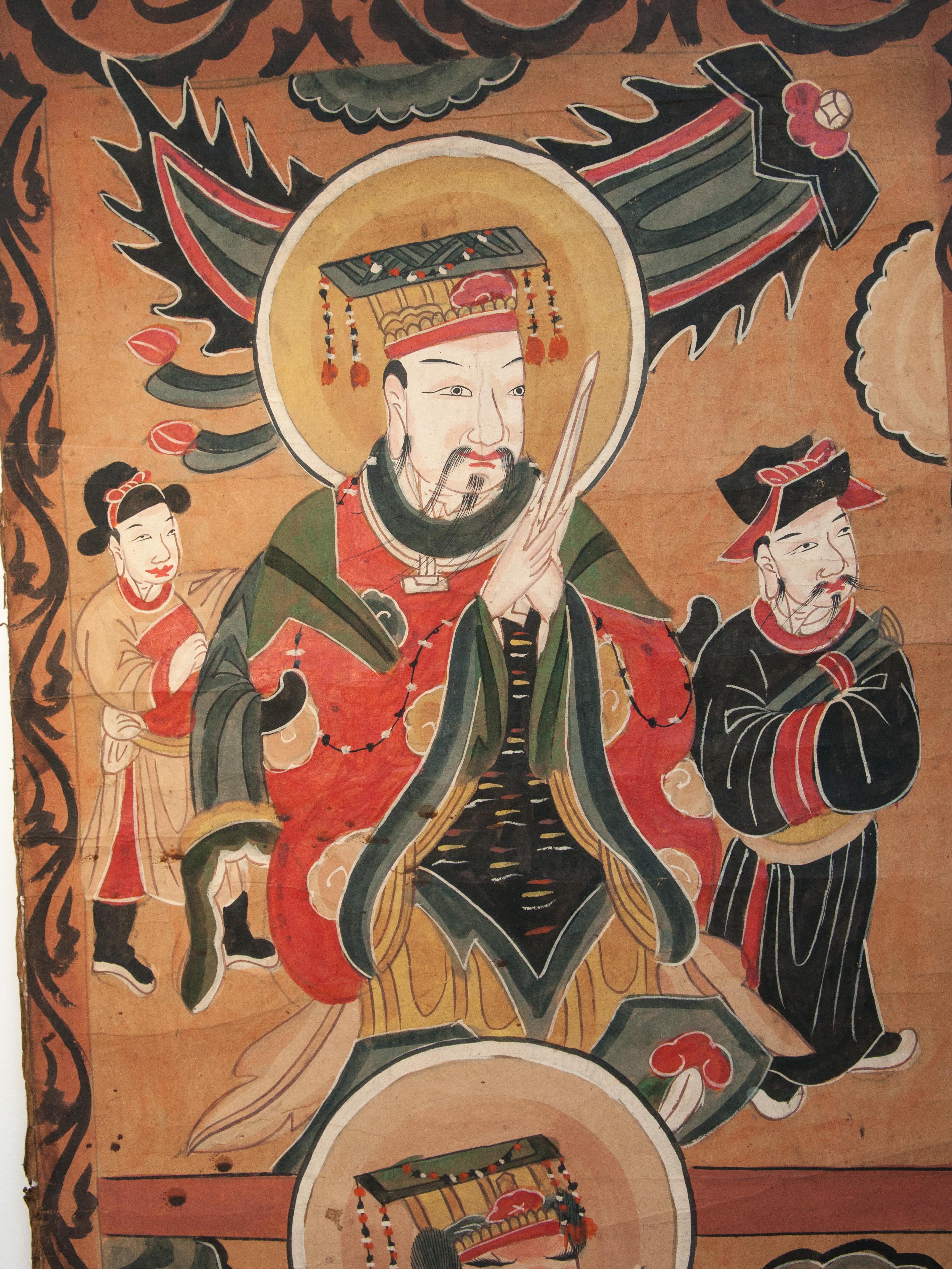 Yao Ceremonial Painting. Yang Kin and Sui Fo, The Governors of the World and the Waters. Guizhou Province, China, early to mid-19th century.
(Please note that the painting is not mounted or framed.)
This painting would have been one in a set of