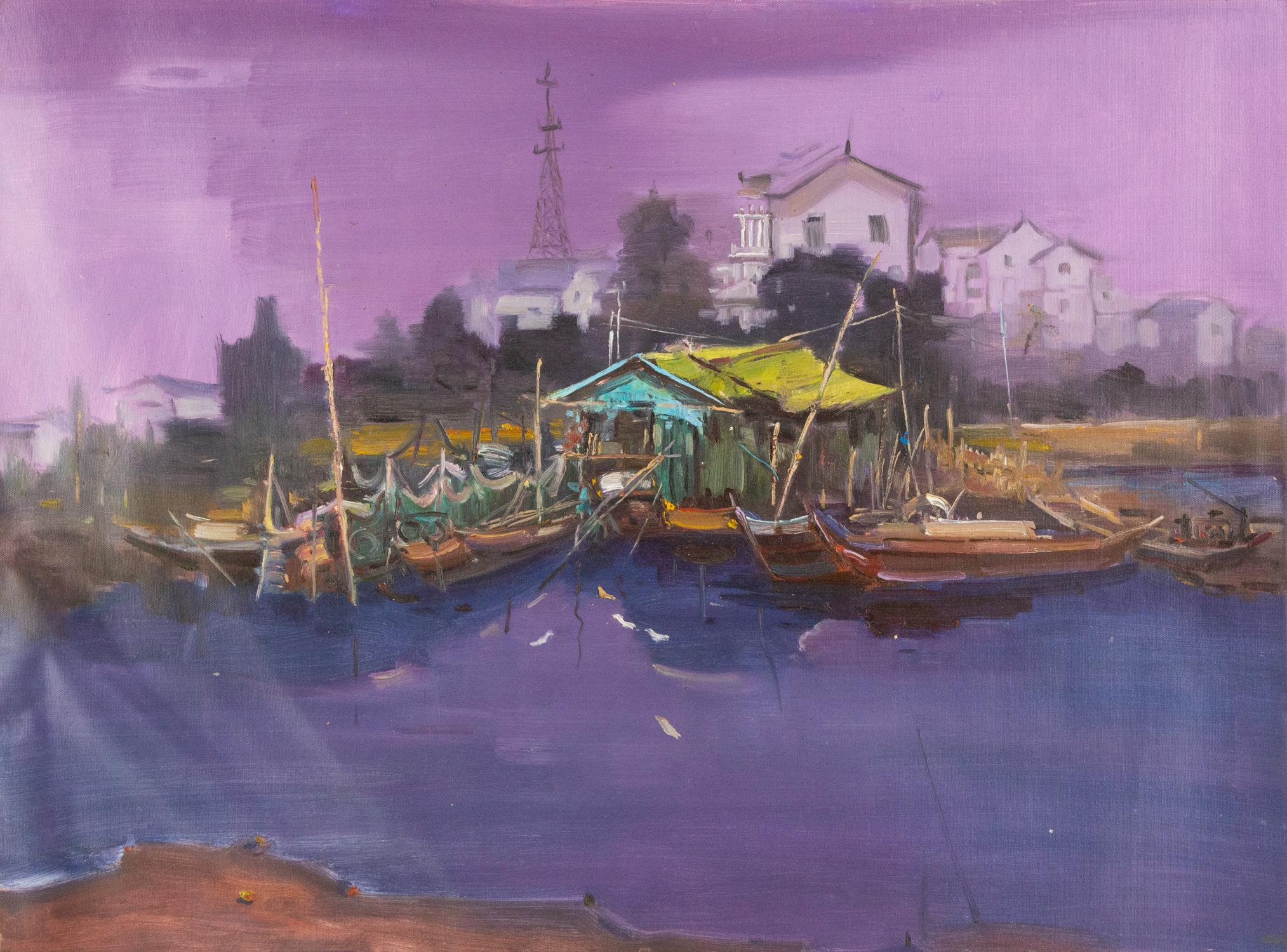 Yao YongChun Waterscape Original Oil On Canvas "Small Fishing Village 2"