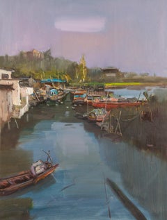 Yao YongChun Waterscape Original Oil Painting "Small Fishing Village 1"