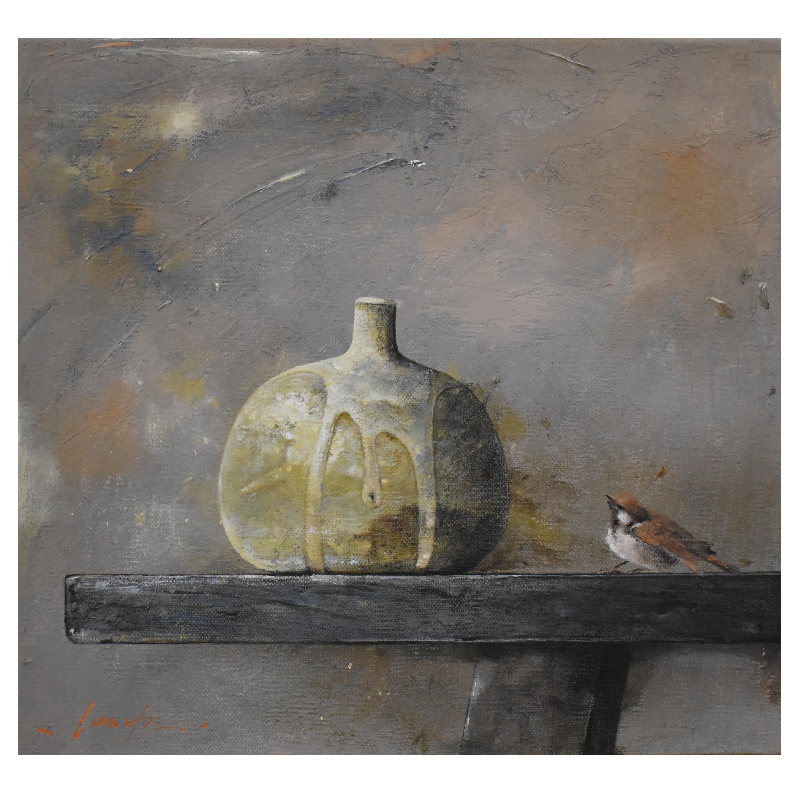 Joy In The Mundane I, Sparrow &  ceramic porcelain painting on canvas