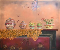 "Making Memories V", Peranakan Baba Nyonya ceramic porcelain painting on canvas