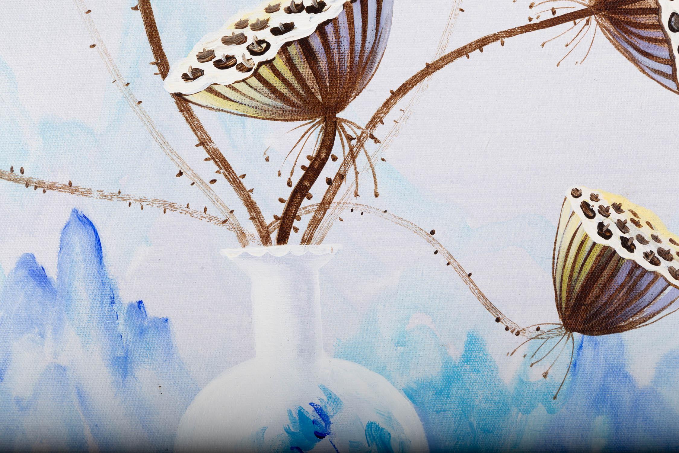 Peinture à l'huile originale Yaping Hong Landscape « Lotus Pod In Vase II » en vente 4