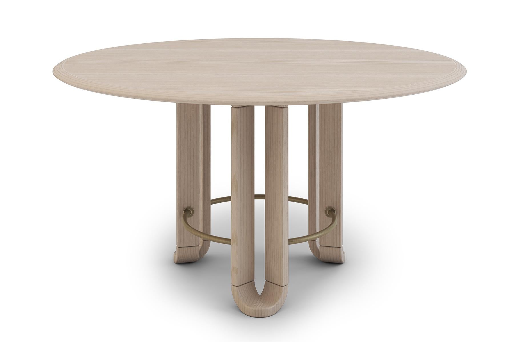 Modern Dining Table, Round, Walnut with Antique Plated Metal Details For Sale