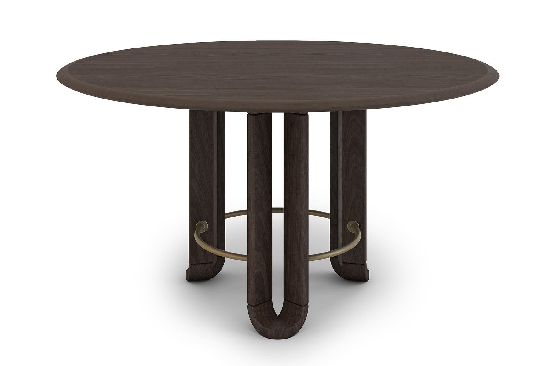European Dining Table, Round, Walnut with Antique Plated Metal Details For Sale