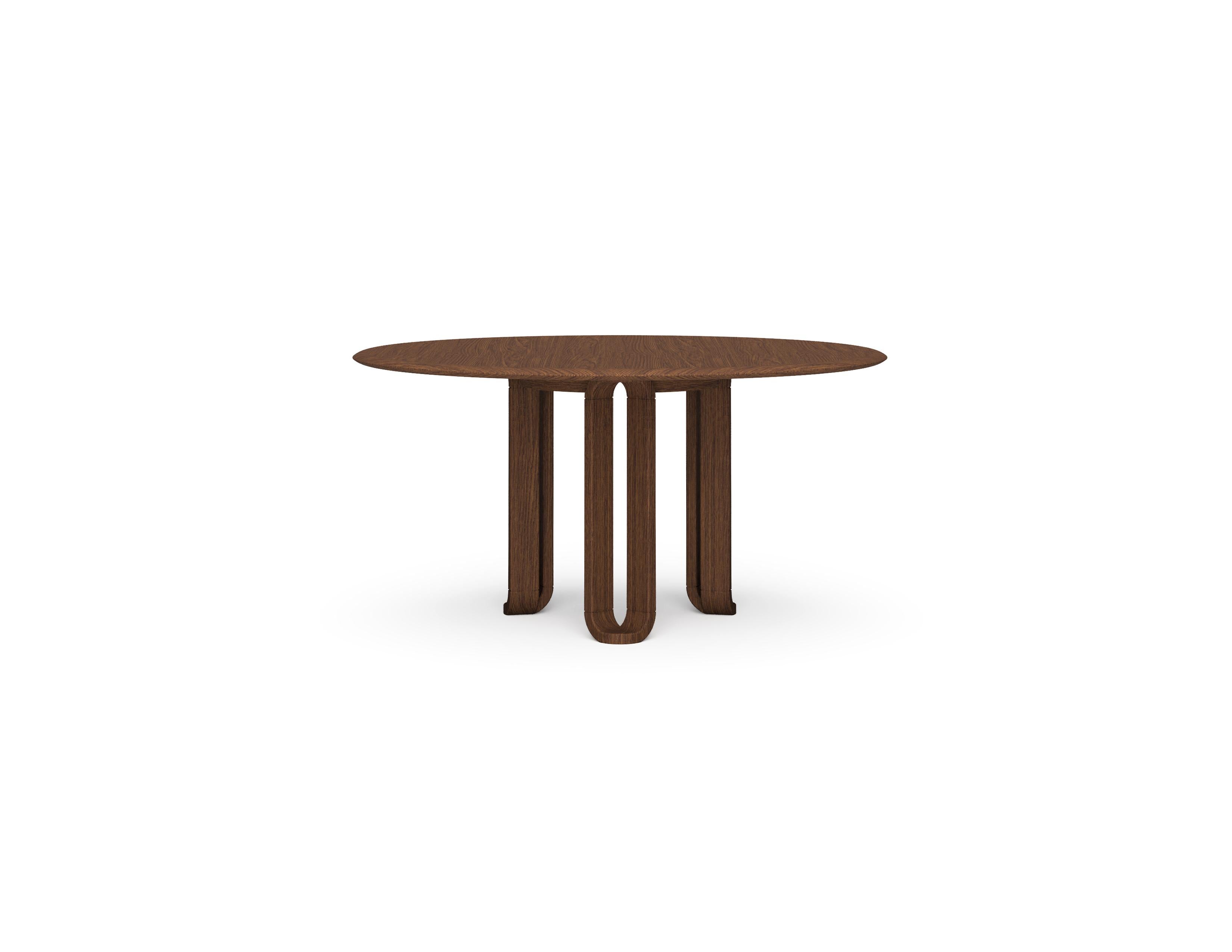 Contemporary Dining Table, Round, Walnut with Antique Plated Metal Details For Sale