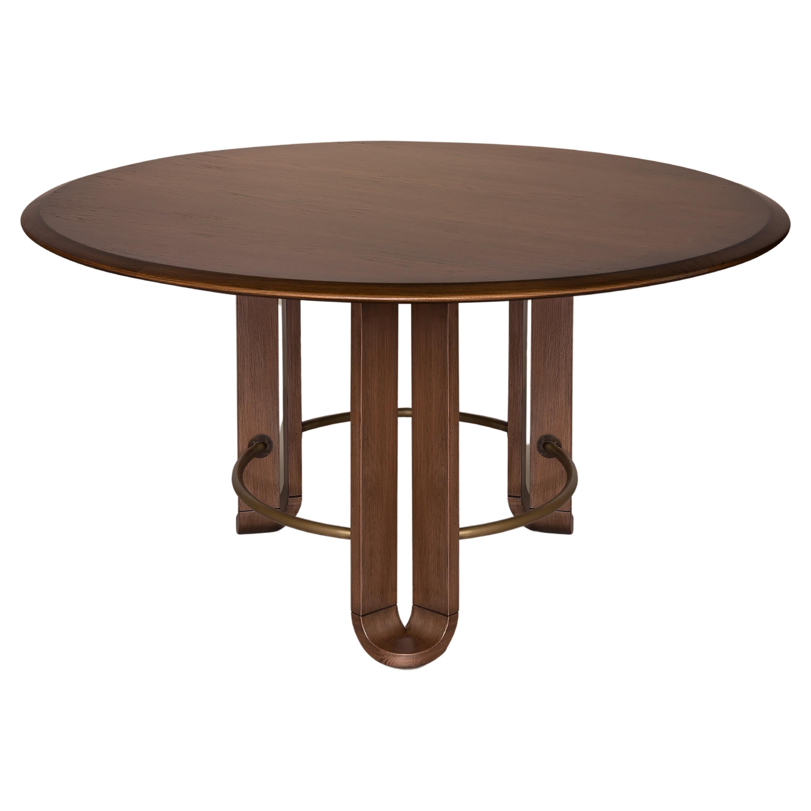 Dining Table, Round, Walnut with Antique Plated Metal Details For Sale
