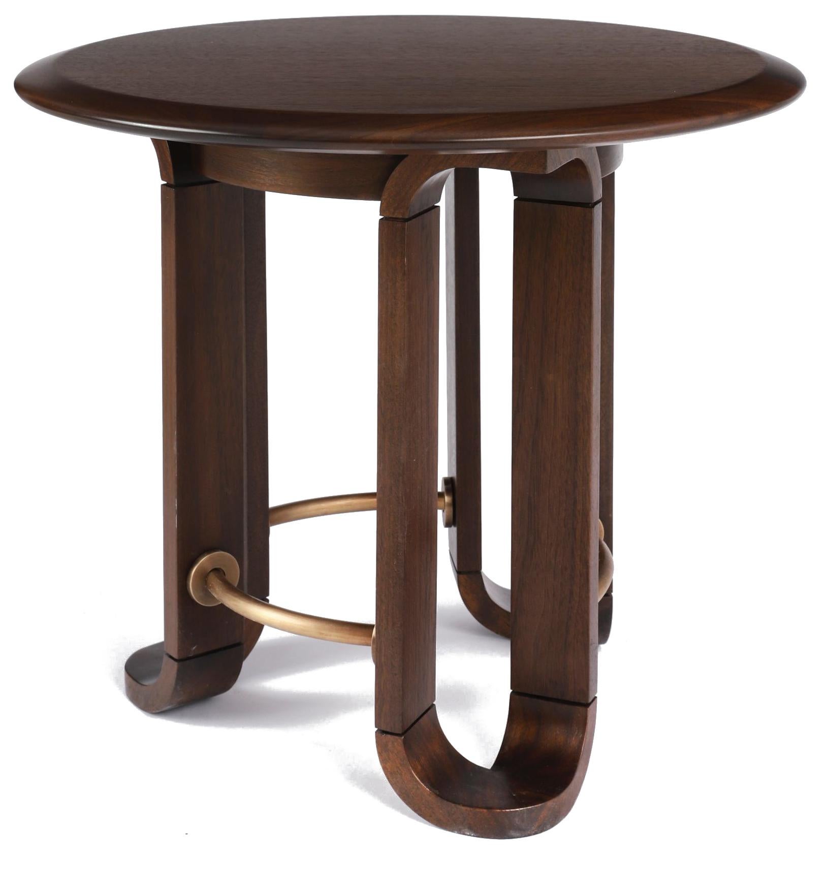 Side Table, Round, Walnut with Antique Plated Metal Details For Sale 2