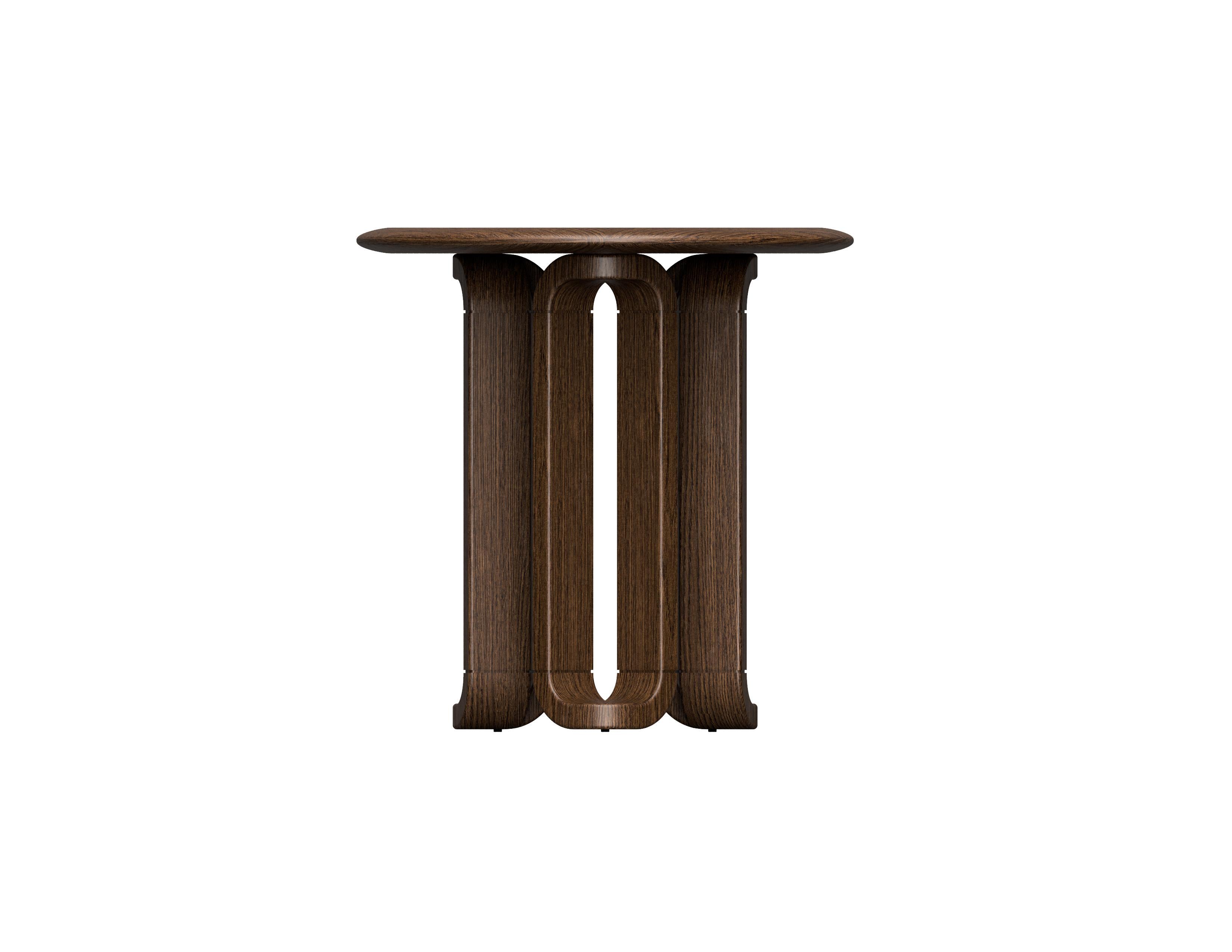Contemporary Side Table, Round, Walnut with Antique Plated Metal Details For Sale