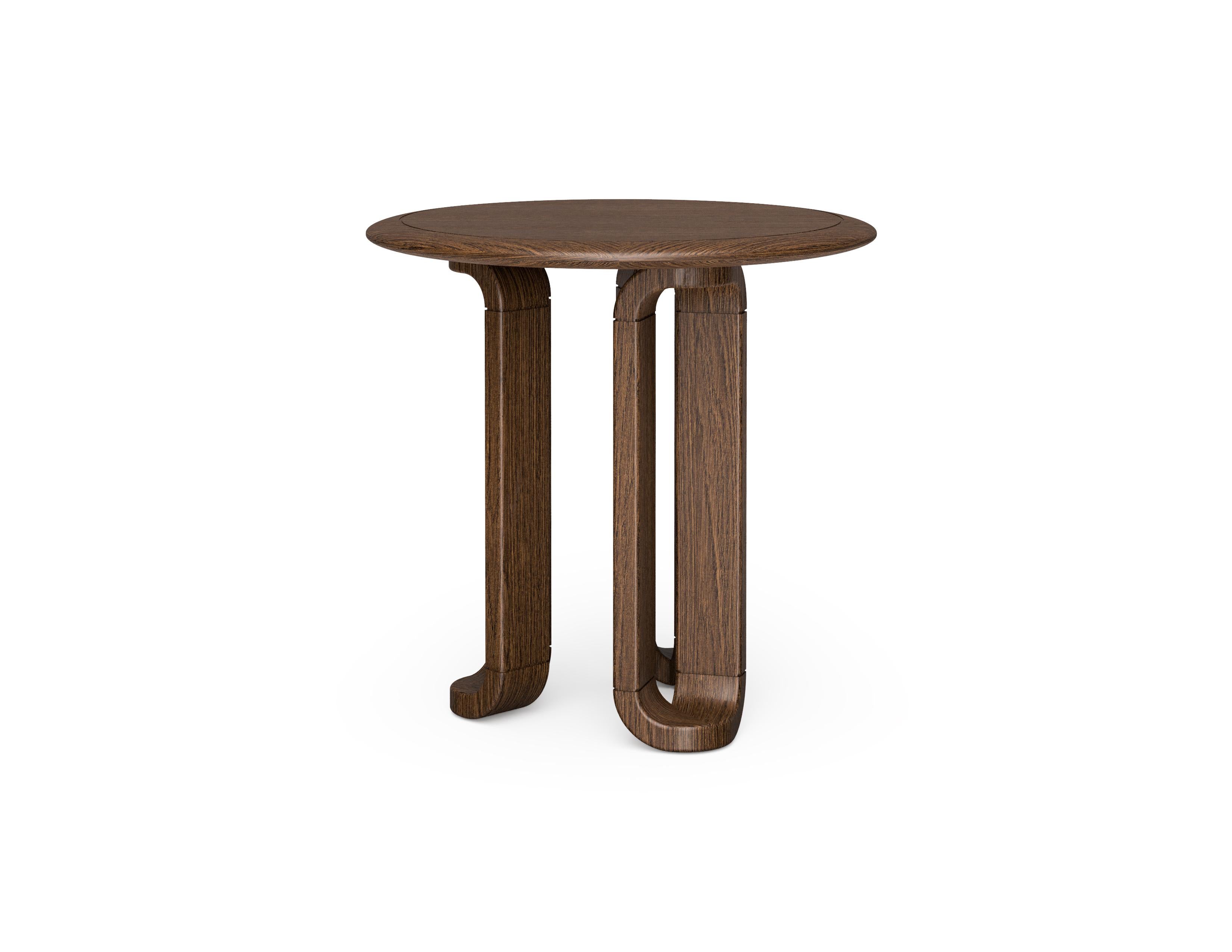 Oak Side Table, Round, Walnut with Antique Plated Metal Details For Sale