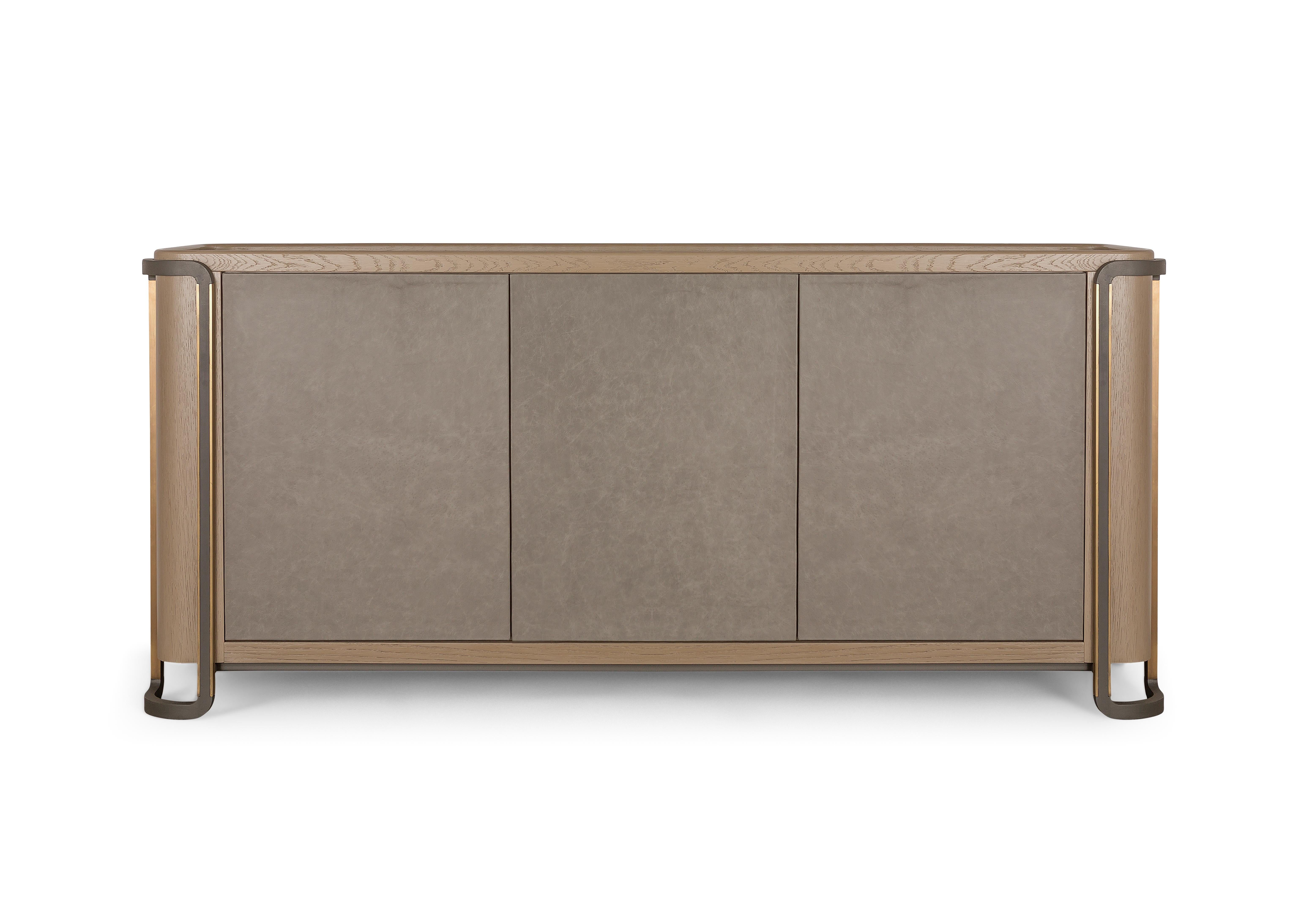 Credenza, Oak and Leather Body, Painted Glass Top, Antique Plated Metal Legs For Sale 4