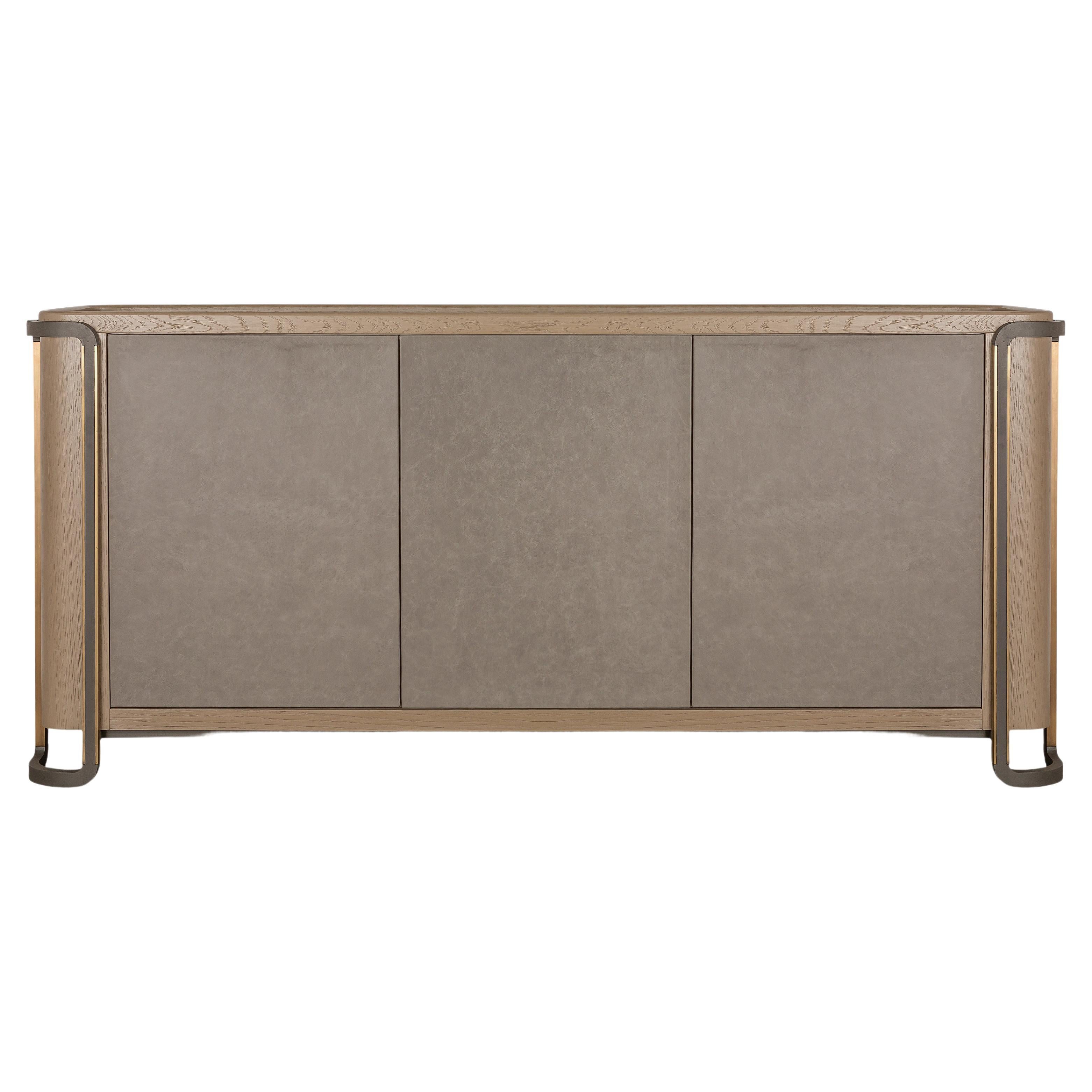 Modern Credenza, Oak and Leather Body, Painted Glass Top, Antique Plated Metal Legs For Sale