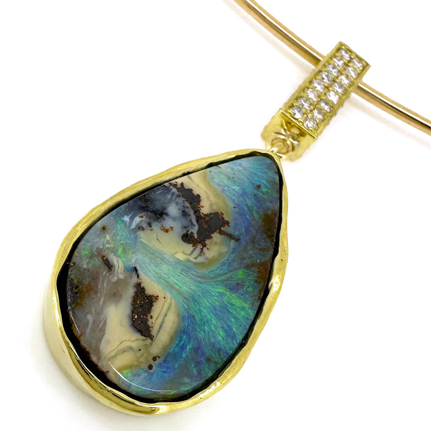 Yaraka Boulder Opal Drop Pendant with Diamond Box Bale on Gold Wire Collar For Sale 1