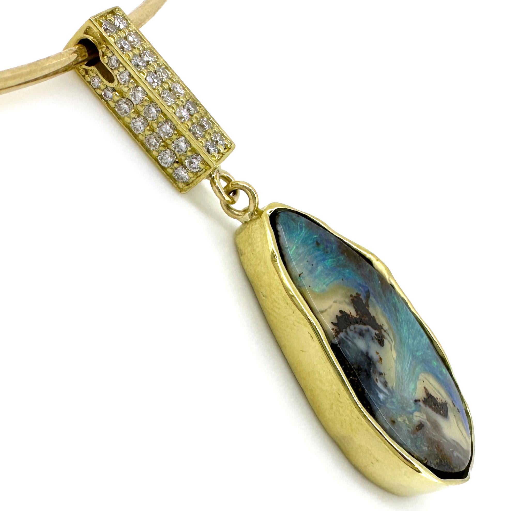 Yaraka Boulder Opal Drop Pendant with Diamond Box Bale on Gold Wire Collar For Sale 2