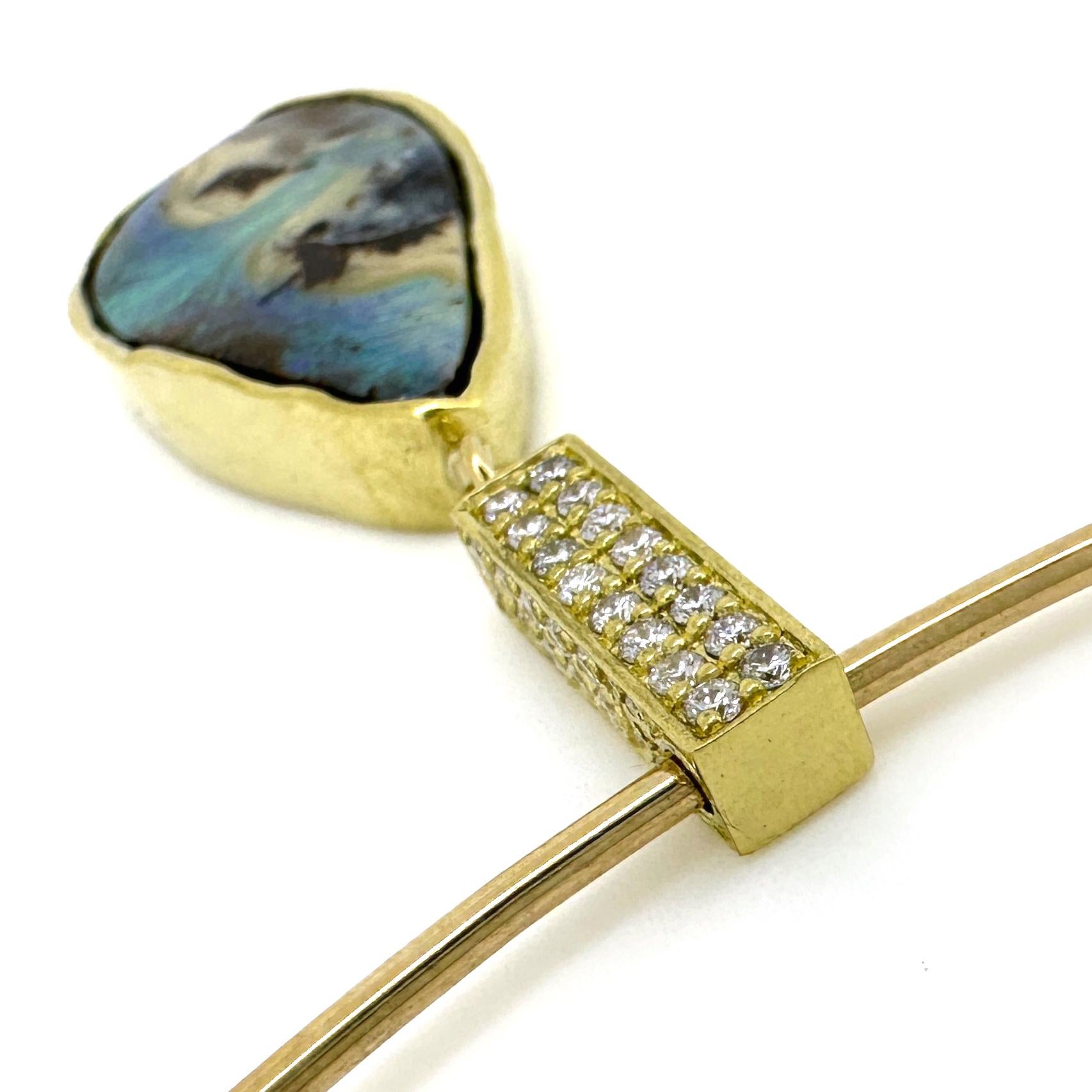 Yaraka Boulder Opal Drop Pendant with Diamond Box Bale on Gold Wire Collar For Sale 3