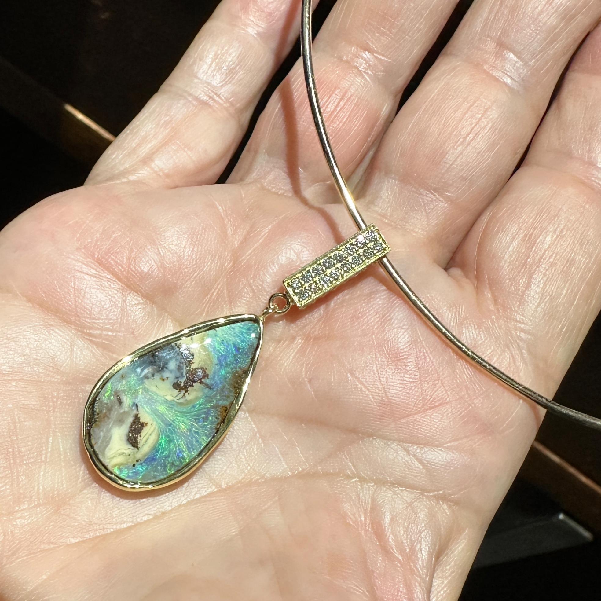 Yaraka Boulder Opal Drop Pendant with Diamond Box Bale on Gold Wire Collar For Sale 6