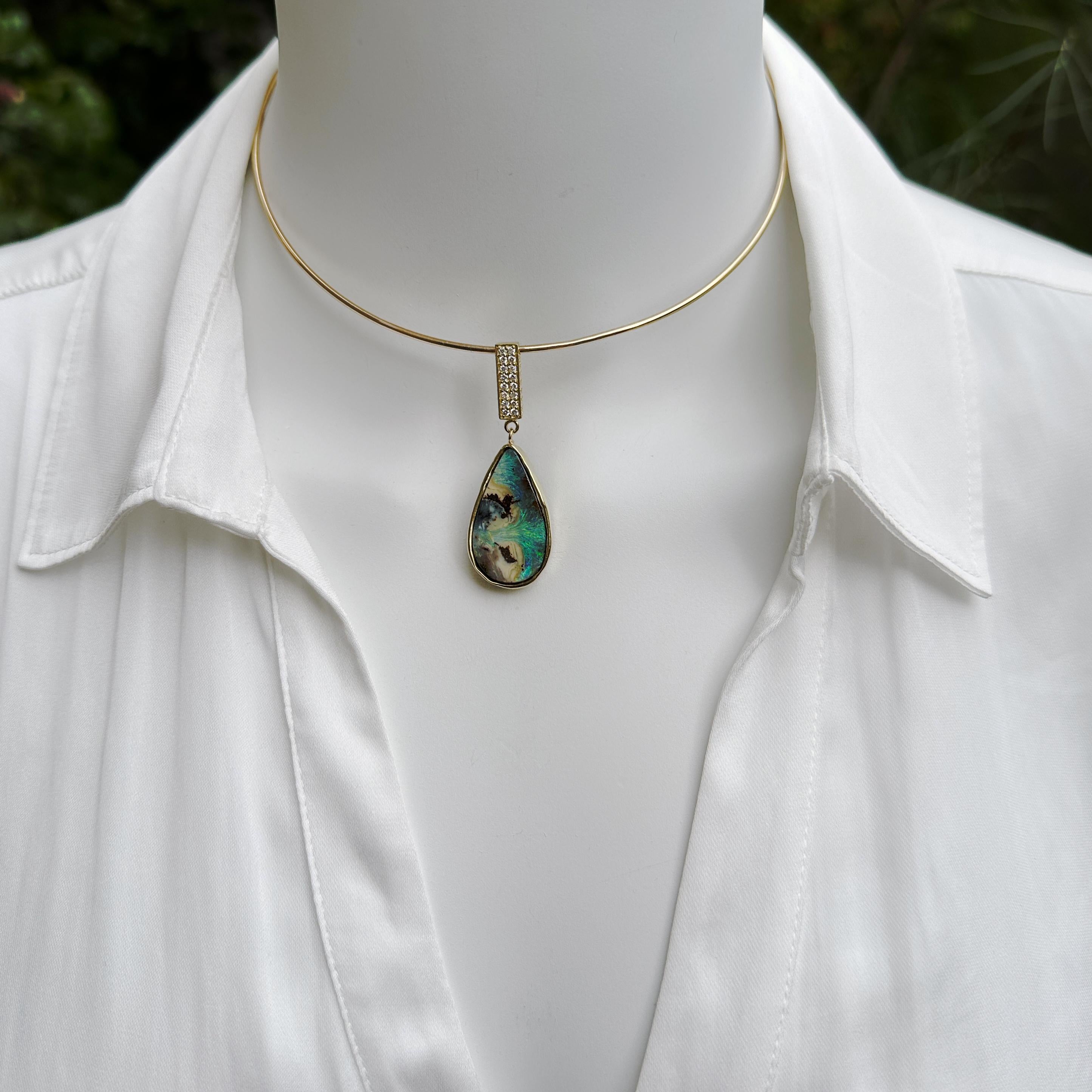 Contemporary Yaraka Boulder Opal Drop Pendant with Diamond Box Bale on Gold Wire Collar For Sale