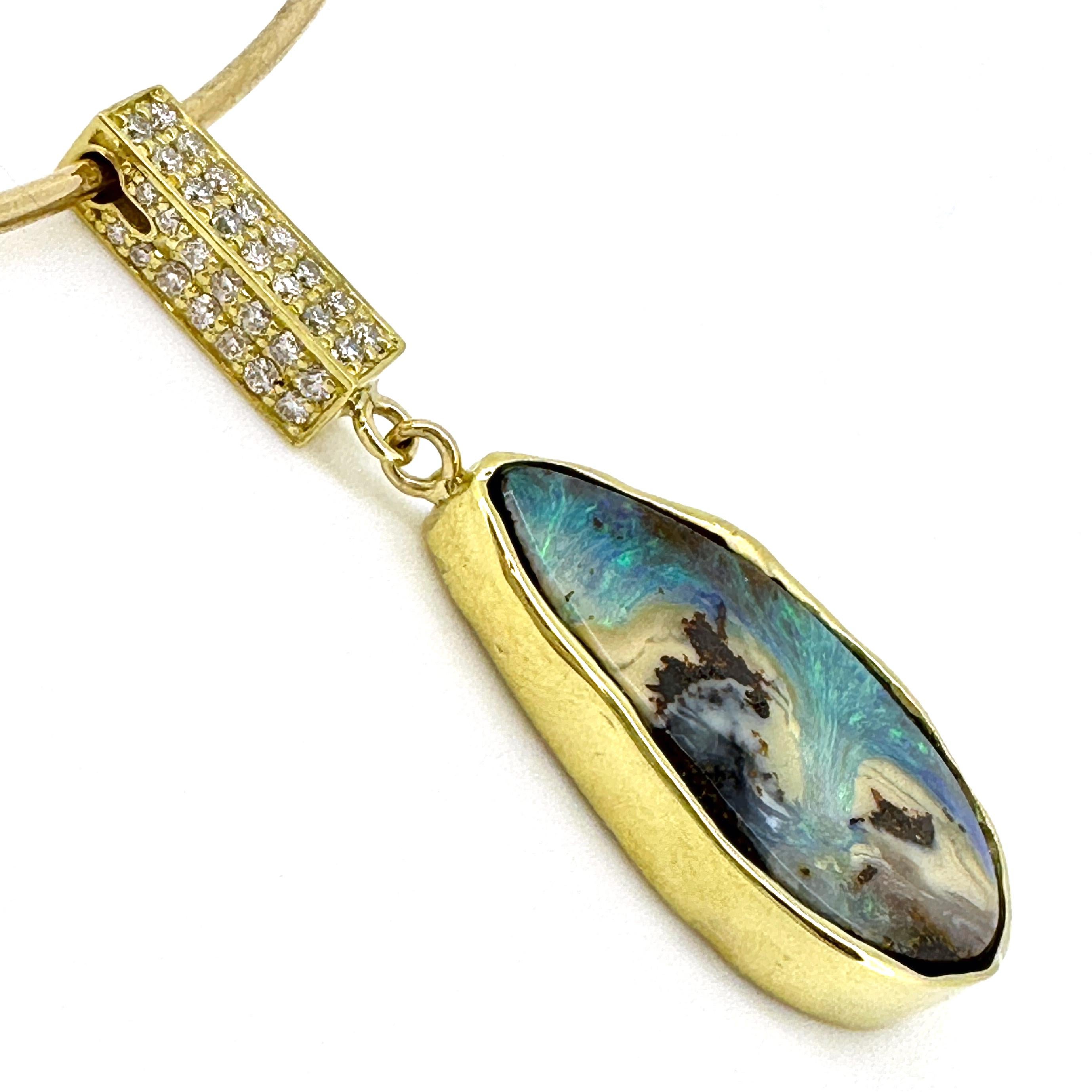 Brilliant Cut Yaraka Boulder Opal Drop Pendant with Diamond Box Bale on Gold Wire Collar For Sale
