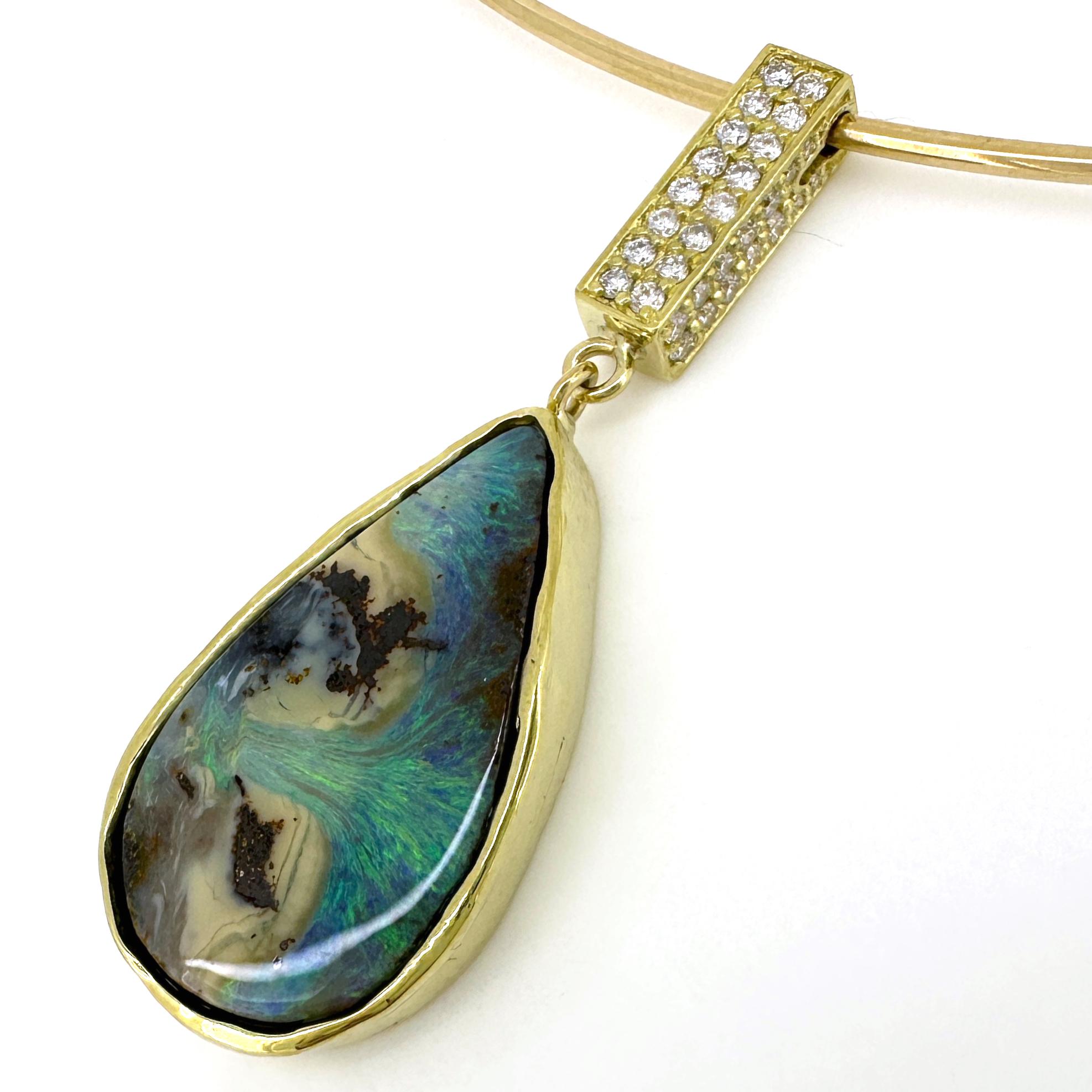 Women's or Men's Yaraka Boulder Opal Drop Pendant with Diamond Box Bale on Gold Wire Collar For Sale