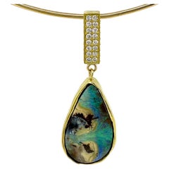 Yaraka Boulder Opal Drop Pendant with Diamond Box Bale on Gold Wire Collar
