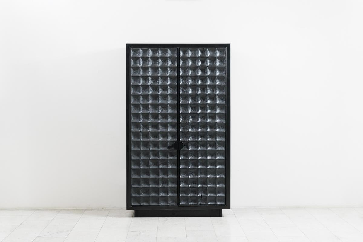 The pure black armoire is the third piece in Yard Sale Project’s new Pure Black series. Made from oak encased in a steel frame, the wood is finished using the shou-sugi-ban method, an ancient Japanese finishing technique that preserves wood by