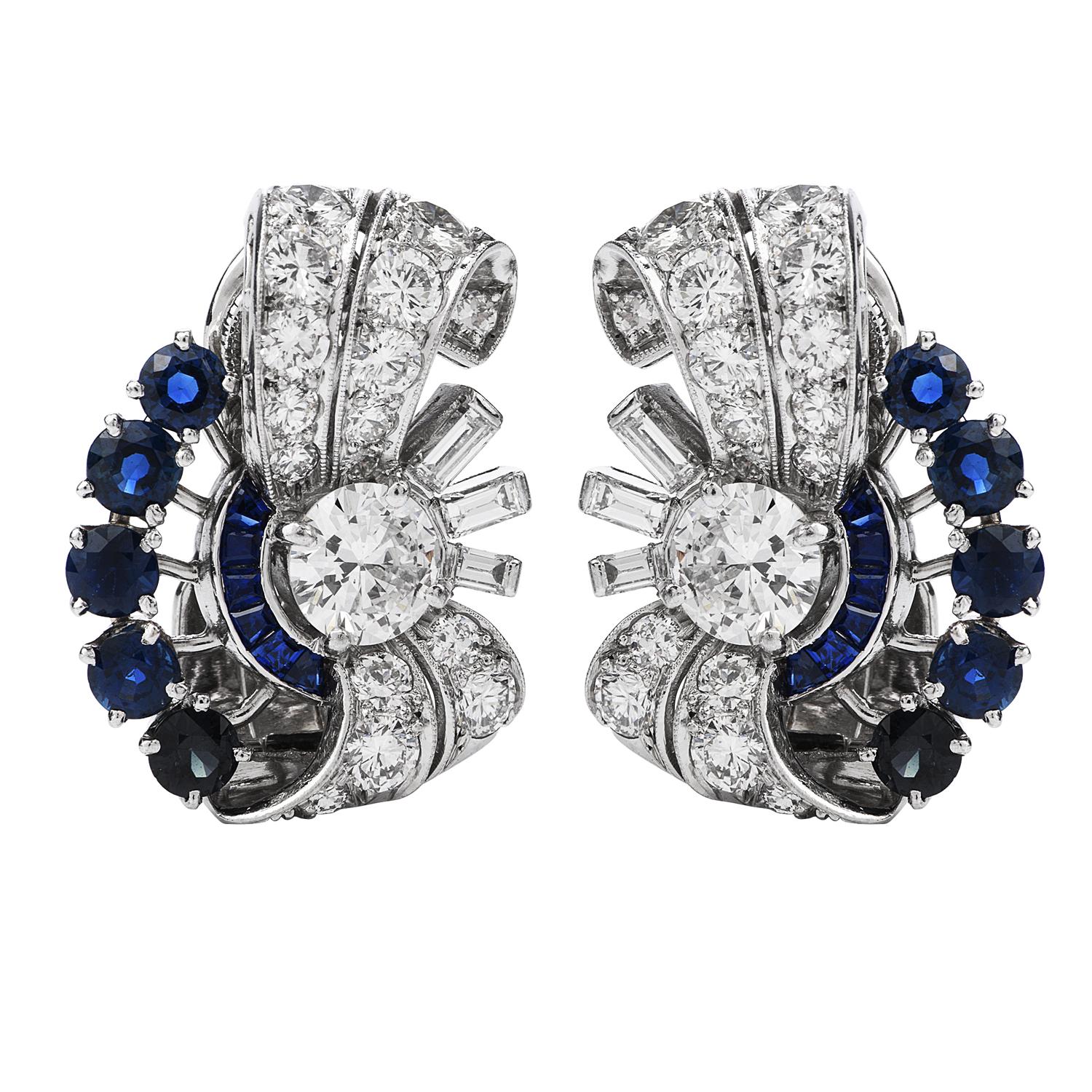 Vintage retro design floral & ribbon clip-on earrings are shining bright.

These Ramond Yard earring Crafted in Solid Platinum, there are 2 round-cut center Diamonds weighing approximately 1.70 carats ( G-H color and VS clarity. 
There are 18