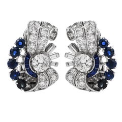 Raymond Yard Vinatge Diamond Blue Sapphire Platinum Retro Clip On Earrings