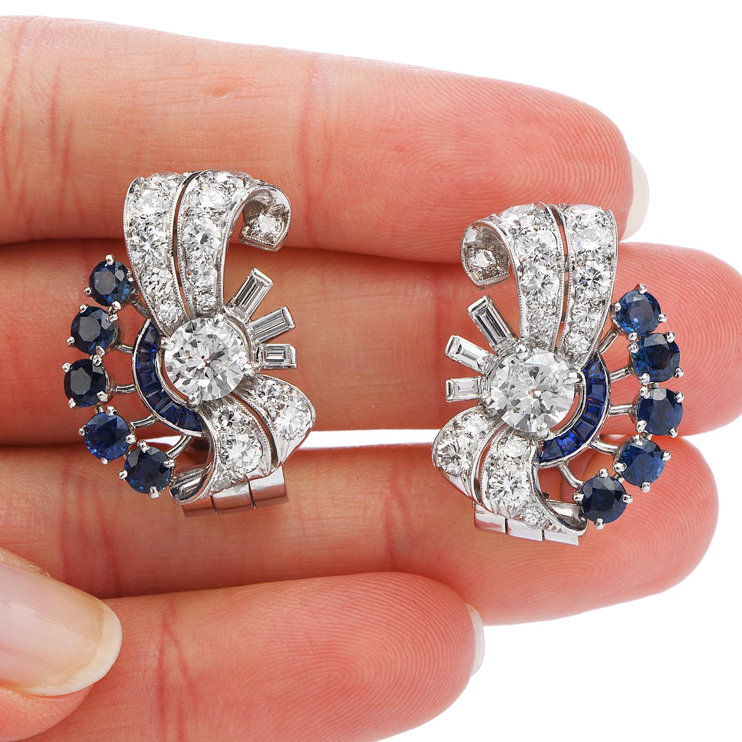 Art Deco Raymond Yard Vinatge Diamond Blue Sapphire Platinum Retro Clip On Earrings
